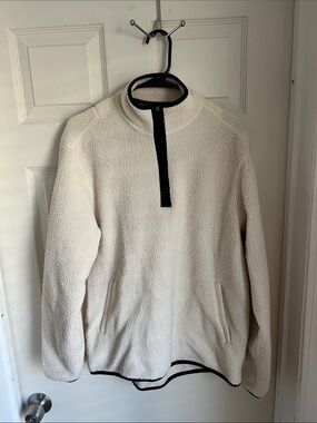 Cream Sherpa Half-Zip Pullover with Black Trim